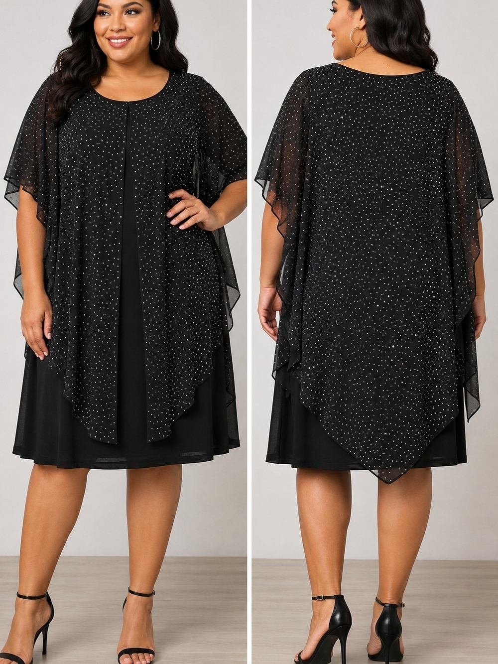 Glamour Black Sparkle Midi Dress with Sheer Cape Overlay